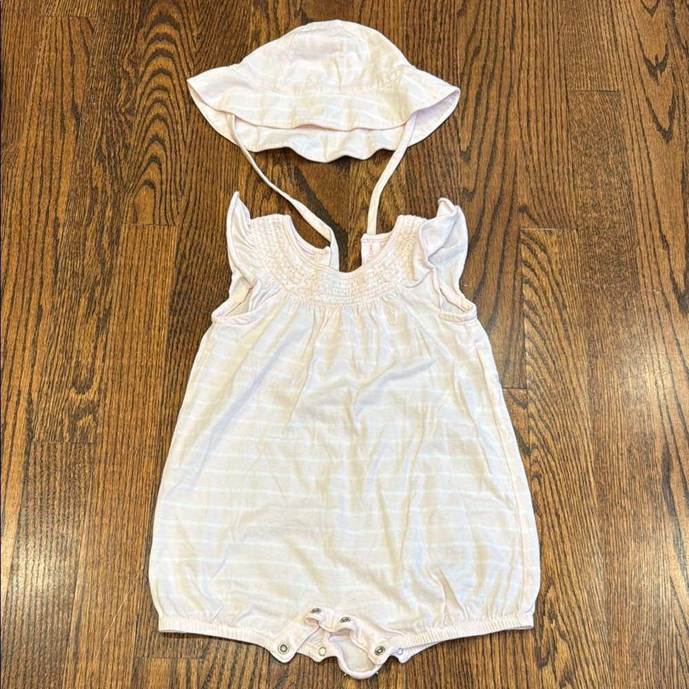 Ralph Lauren Pink Striped Baby Romper and Hat set
